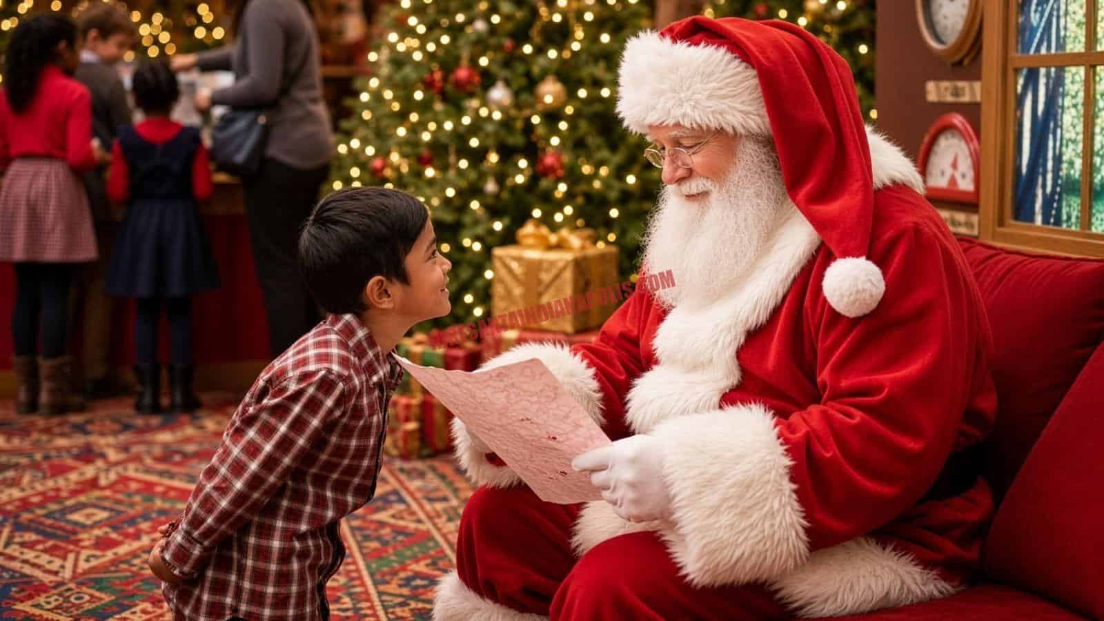 Professional Santa for hire in Indianapolis reads a letter on a red couch with a child and a lit tree.
